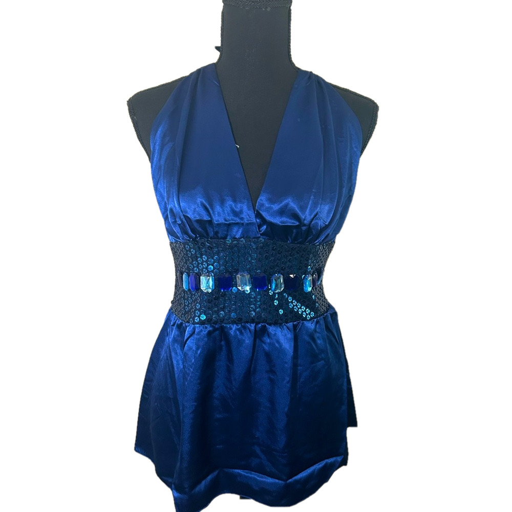 Jasmine KC Women’s Sequined and Bedazzled Royal Blue Halter Top, Size L